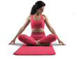 © olegphotor - Mockup of red floor mat, yoga tracksuit, top, leggings on trainer woman, png, front view