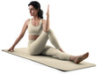 © olegphotor - Mockup of tan, beige, nude floor mat, sports suit for yoga, top, leggings on trainer woman, png, side view
