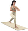 © olegphotor - Mockup of tan, beige, nude floor mat, sports suit for yoga, top, leggings on trainer woman, png, front view
