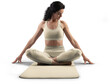 © olegphotor - Mockup of tan, beige, nude floor mat, sports suit for yoga, top, leggings on trainer woman, png, front view