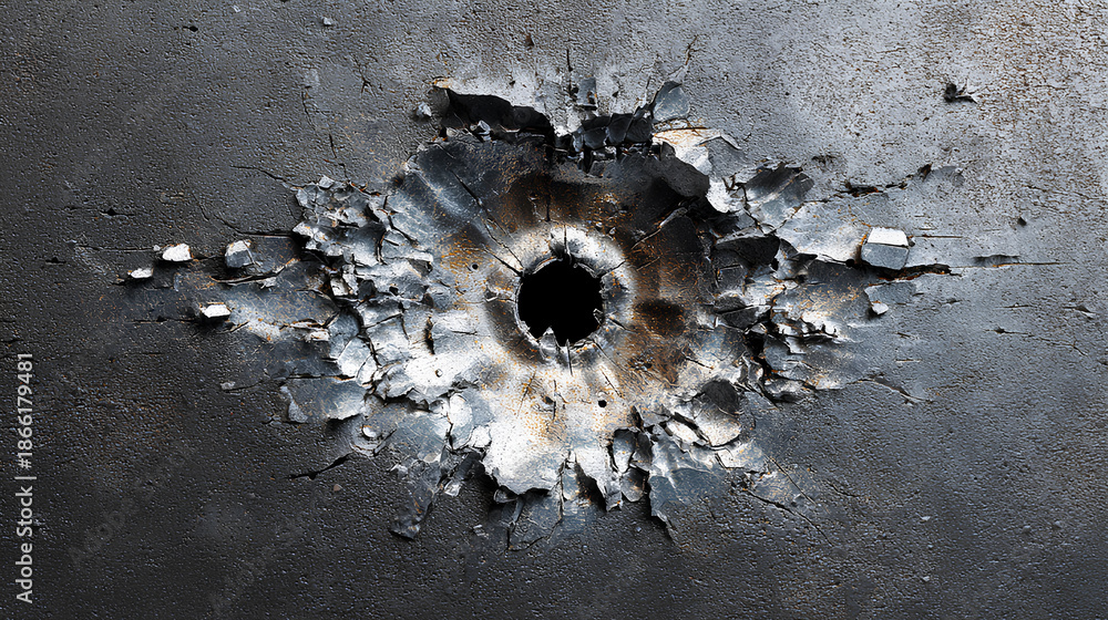 vector hit with bullet impact shows fractured circle in metallic ...