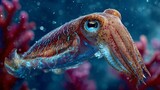 Close-Up of a Colorful Squid Swimming in a Vibrant Coral Reef