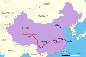  Vector Map of the Yangtze River Route with Major Cities and Delta in China