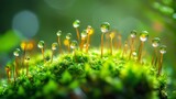 Professional macro photography of diverse moss species creating lush miniature landscape, velvety green textures with varied hues from jade to emerald, tiny water droplets creating magical effect in