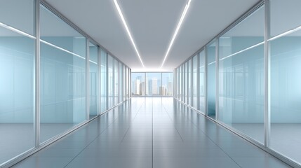  Modern office corridor with glass walls and bright lighting showcasing a city skyline view in the background highlighting a clean, professional environment