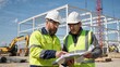 © Vasiliy - Two construction engineers discussing a blueprint on a building site. Architect and foreman collaborating on a project plan