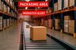 © Creative mind - A cardboard box on a conveyor belt in a packaging area with a mismatch alert