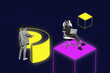 © deagreez - Trendy full image art collage of two happy business partners girl guy sit office chair hold laptop diagram neon geometric figure