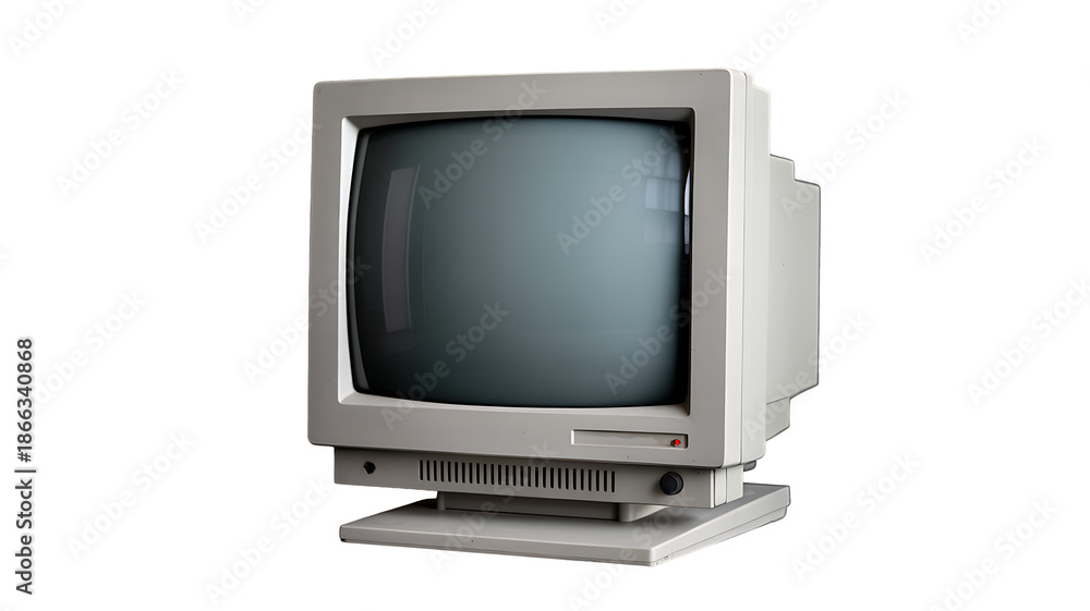 Side view of a vintage beige CRT computer monitor, isolated on ...