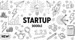 © World_Of_Vector - Startup doodle illustration with rockets light bulb charts arrows and business icons isolated on white background hand drawn vector set
