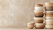 © mashimara - Earthenware Bowl Display: A curated collection of ceramic bowls stacked artfully, evoking a sense of rustic elegance and culinary anticipation.