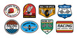© cddesign.co - Racing badge vector set with motorsport logos, speed crew emblems, checkered flags, helmets, wings, and retro typography. Perfect for apparel, stickers, branding, and prints.