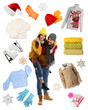 © New Africa - Happy couple, winter clothes and accessories. Collection on white background