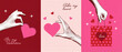 © Great idea  - Halftone Valentines day collage covers set in contemporary mixed media style. Modern vector poster with dotted elements - hands and hearts. Concept of relationship, love, romance, valentine day.