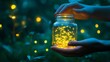 © Kelly - hands holding a clear jar filled with fireflies glowing at night. generative ai