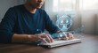 © solom - man typing on keyboard with ai chatbot hologram and command prompt bar for artificial intelligence engineering machine learning coding and natural language processing concept