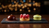 Gourmet dessert trio on slate board with warm golden bokeh lights.