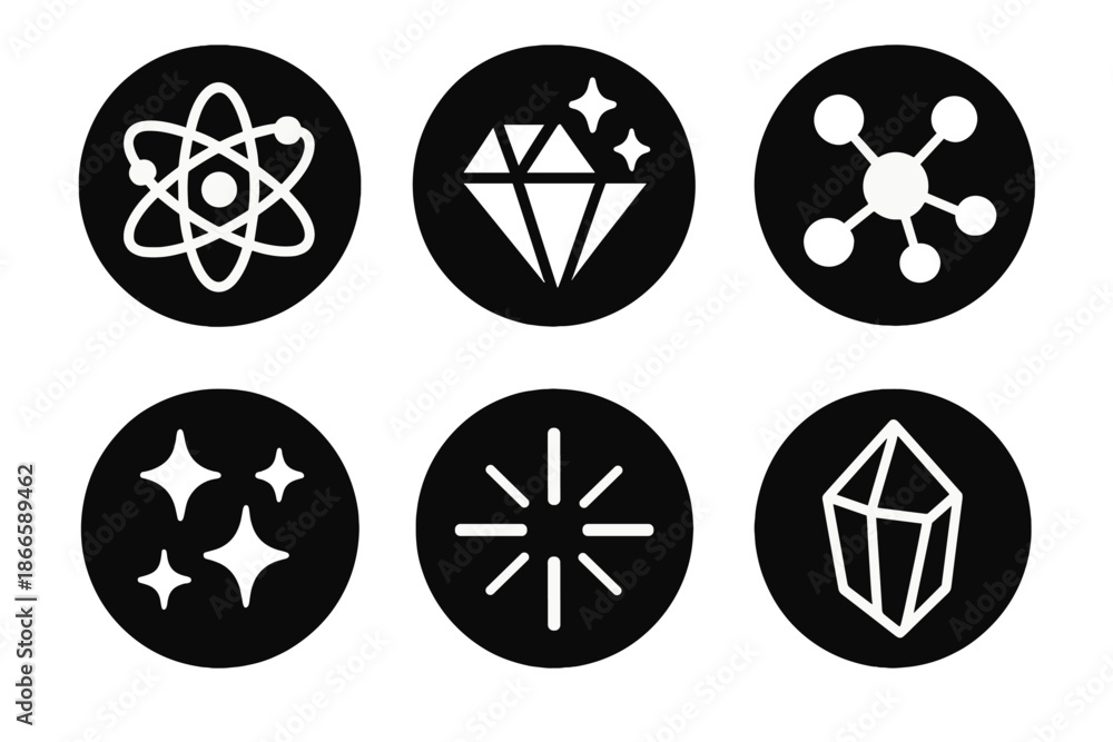 Chemistry and Beauty Icons. Solid style round vector icons of chemistry and beauty: atom network, polished crystal, molecular