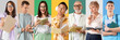 © Pixel-Shot - Group of different people with notebooks on color background