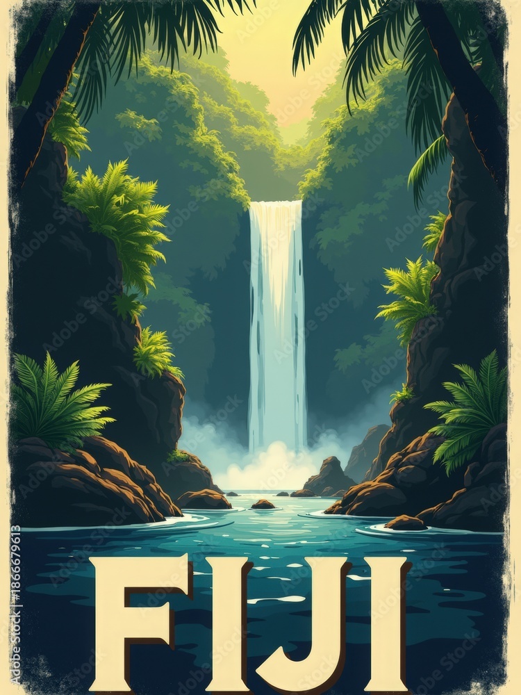 A waterfall cascades down rocks surrounded by dense green foliage. Sunlight filters through the trees, creating a bright scene. The water reflects the sunlight in a clear pool below.