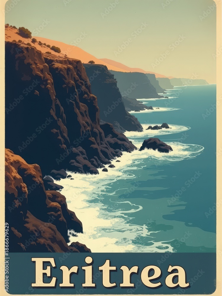 Cliffs rise above the ocean in Eritrea as waves crash against the rocks. The sun rises, casting warm colors across the scene. This location shows the natural beauty of the coast and land.