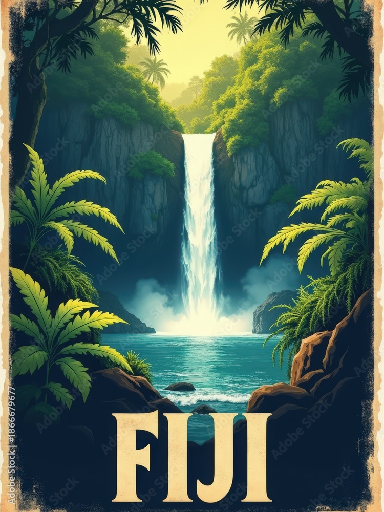 A waterfall flows into a clear blue pool surrounded by tall trees and green plants. Bright sunlight illuminates the scene in Fiji, creating a vibrant outdoor setting.