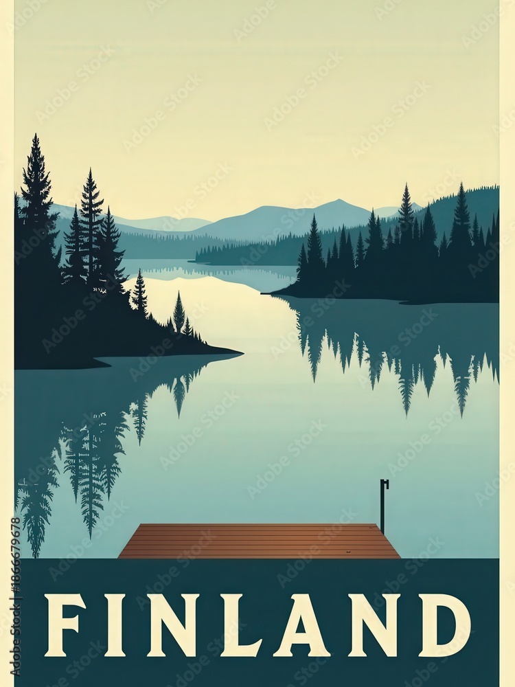 A peaceful lake surrounded by tall trees and distant mountains. The water reflects the trees and the sky during sunset. A wooden dock extends into the lake.