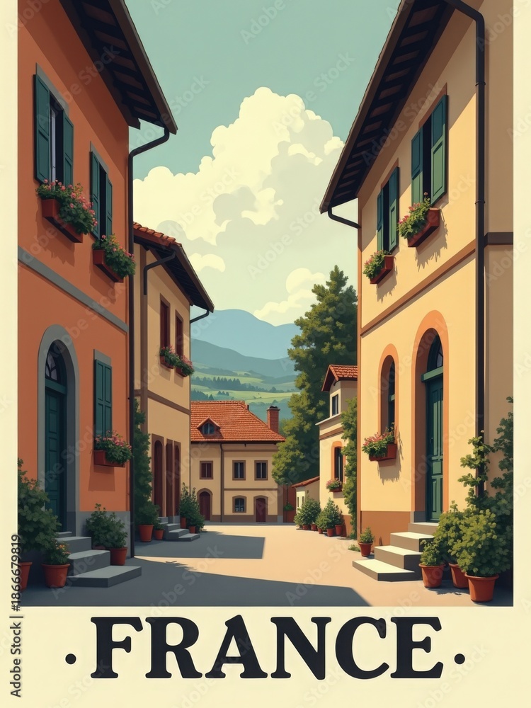 A quiet street in France with two-story houses featuring flowers in windows. Mountains rise in the background under a blue sky with clouds. Potted plants line the pathway.