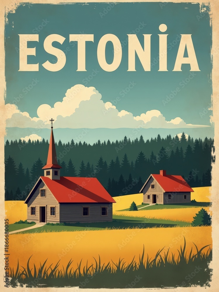 Two wooden houses with red roofs sit in a field with green grass and trees in the background. A church with a tall spire stands nearby under a blue sky filled with clouds.