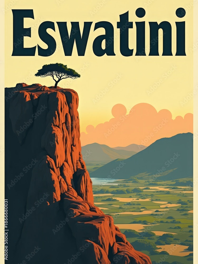 A rock cliff stands tall in Eswatini with a single tree on its edge. Below, a valley shows fields and mountains in the distance. The sun sets, casting a warm light over the scene.