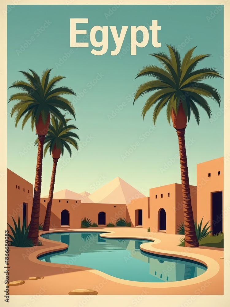 Palm trees surround a pool in a desert setting in Egypt. Simple buildings blend with the landscape under a clear sky. Mountains are in the background, showing the natural beauty of the area.