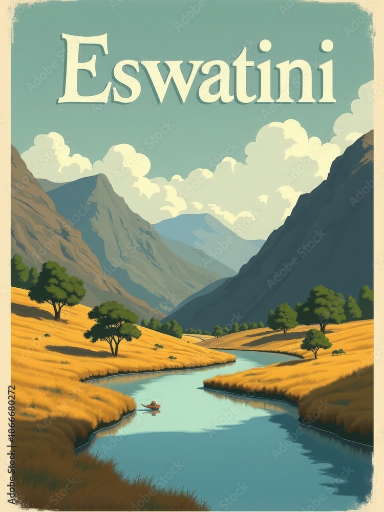 The scene shows a river flowing through a valley with mountains in the background. Grassy fields surround the river and trees appear along the banks. The sky has clouds.