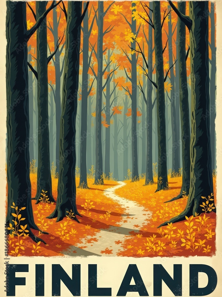 A winding path leads through a forest in Finland filled with tall trees. The ground is covered in orange leaves. It is autumn, and the scenery shows the beauty of nature.