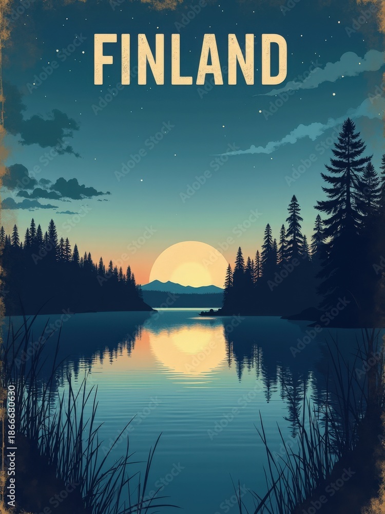 The scene shows a sunset by a calm lake surrounded by tall trees. The water reflects the colors of the sky and the sun. This setting captures the beauty of nature in Finland.