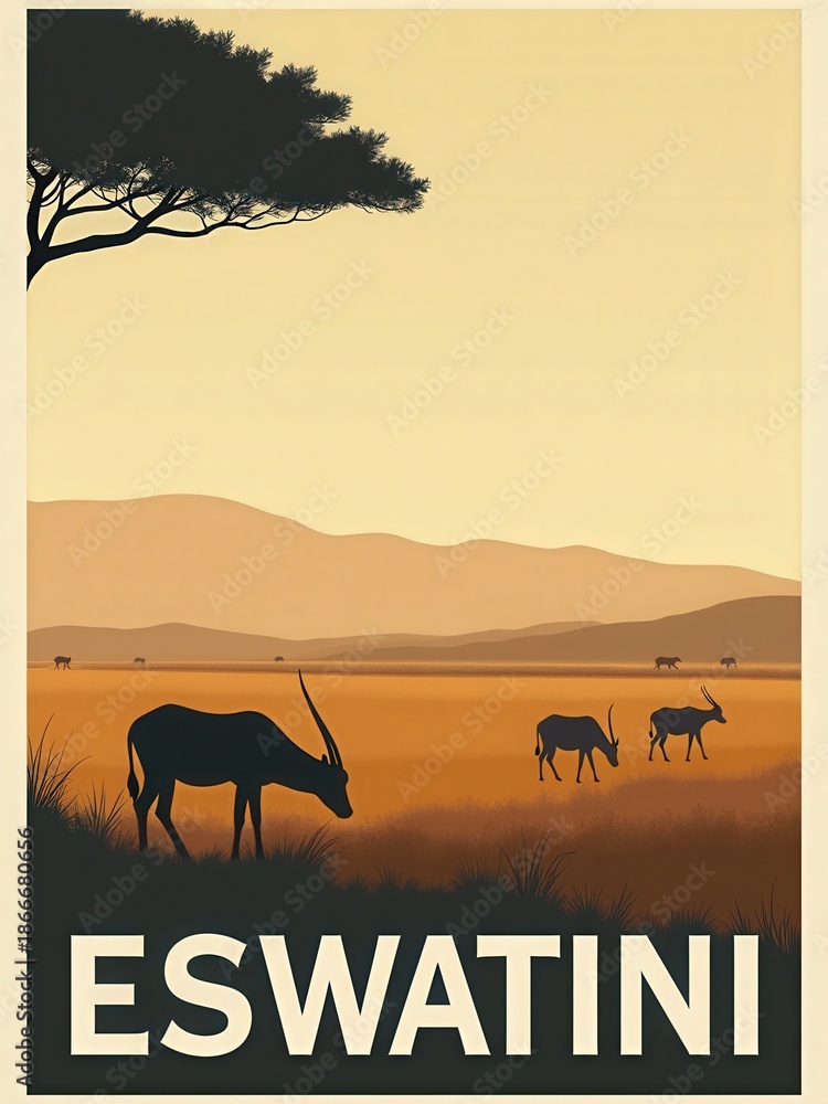 The scene shows a grassy plain in Eswatini during sunset. Various animals are grazing peacefully while a large tree stands in the foreground under a clear sky.