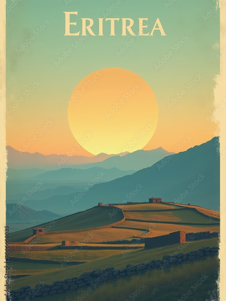 The scene shows rolling hills and mountains in Eritrea with a large sun rising or setting in the background. Simple stone structures are visible in the foreground, marking the land.