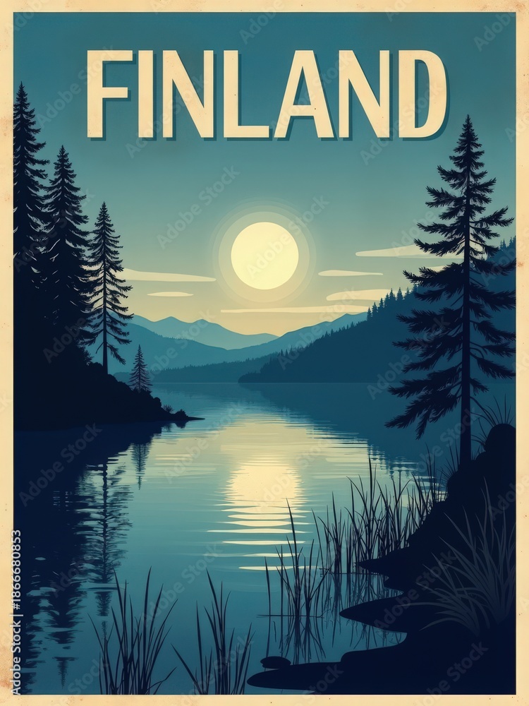 The scene shows a calm lake surrounded by trees and mountains. The sun sets behind the hills, reflecting light on the waters surface. The setting has a natural and scenic look.