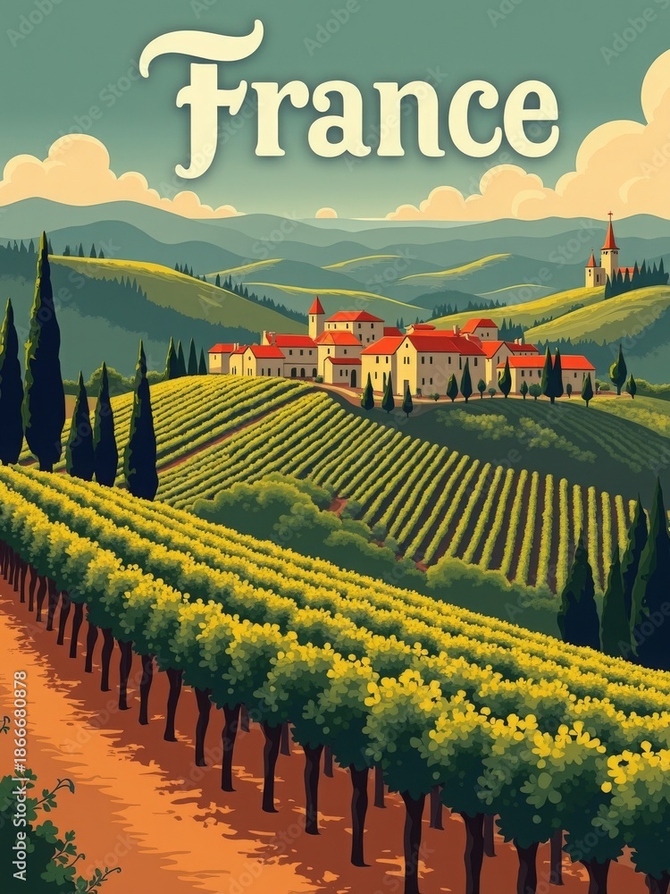 A scenic view features rolling hills covered with rows of grapevines. A village with red-roofed buildings rests among the green landscape under a clear sky in France.