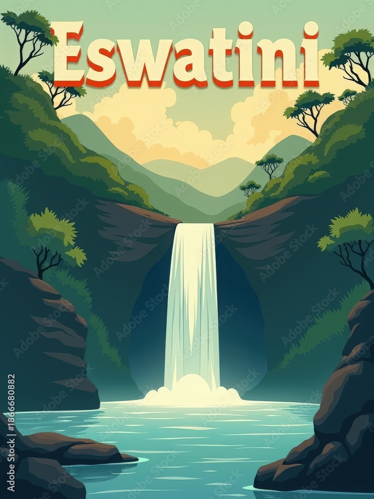 A waterfall flows down into a pool surrounded by tall rocks and greenery. The sun sets behind distant mountains. This scene shows the natural landscape of Eswatini.