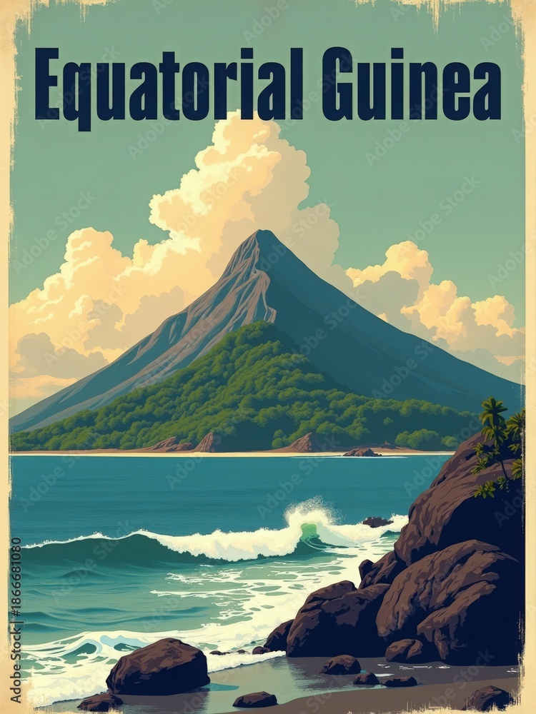 A volcano rises above a green island in Equatorial Guinea. Waves crash against rocks along the shoreline. Fluffy clouds fill the sky, creating a bright scene during the day.