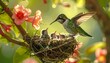 © ariell11 - Hummingbird Feeding Chicks in Nest Amidst Blossoming Branches.