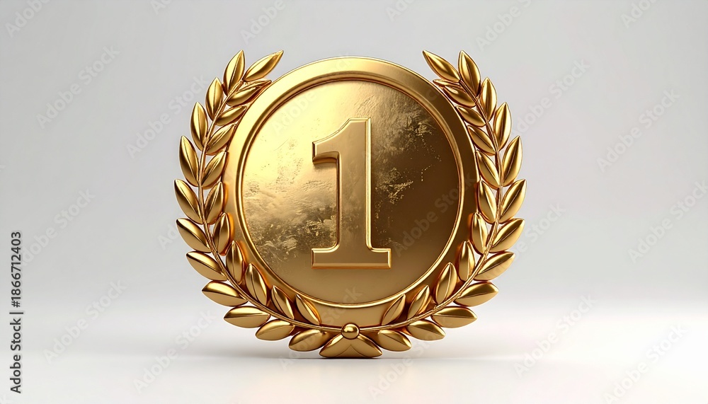 A first place golden medal winner award trophy and shiny coin symbol for business success or finance currency isolated on white and black backgrounds