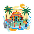 © Bashir - People and an elephant celebrate the Thai Songkran festival by splashing water in front of a beautiful traditional temple.
