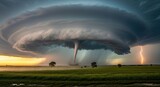 A tornado with a large, swirling cloud and lightning bolts in the background, with a green and yellow field in the foreground.
