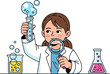 © MacKenzie - A curious young scientist in a lab coat examines a test tube with a magnifying glass, surrounded by colorful chemicals and bubbling liquids.