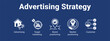 © Jefri - Advertising Strategy web banner icon vector illustration concept for  with icon of Advertising, Target marketing, Brand positioning.