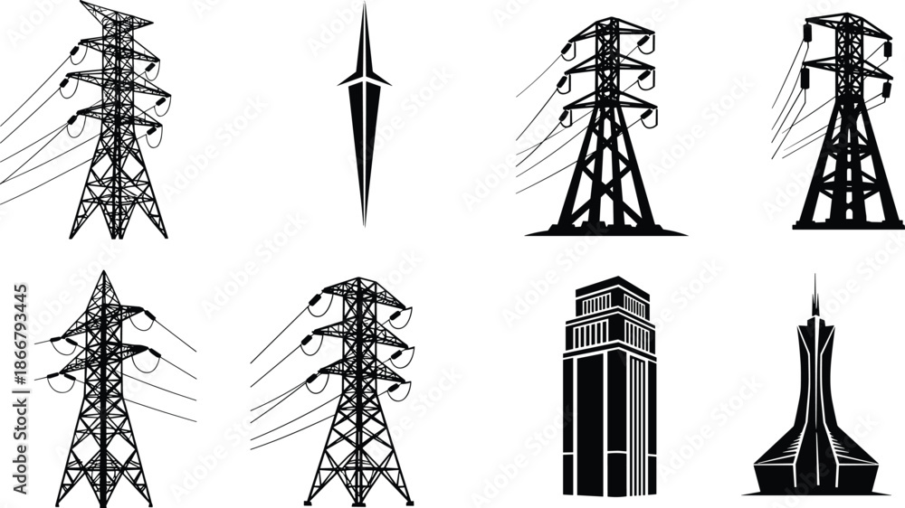 Collection of high voltage power line pylon silhouettes, industrial ...
