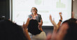 © Flash25/peopleimages.com - Business woman, audience and applause with presentation, conference charts and seminar event. Workshop, training and graphs feedback with mature coach, sales success and crowd for career development