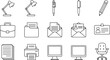 © MstGulzan - Minimalist black and white office and stationery vector icon set featuring line art illustrations of desk lamps, pens, folders, envelopes, ID cards, monitors, and printer.