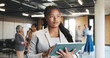 © Flash25/peopleimages.com - Thinking, tablet and conference with business woman for research, reflection and expo schedule. Seminar vision, online agenda and perspective with person and tech at forum for workshop and idea
